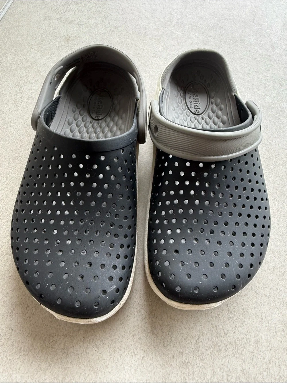 Crocs Lite Ride Sandals size 13 black gray logo Rubber